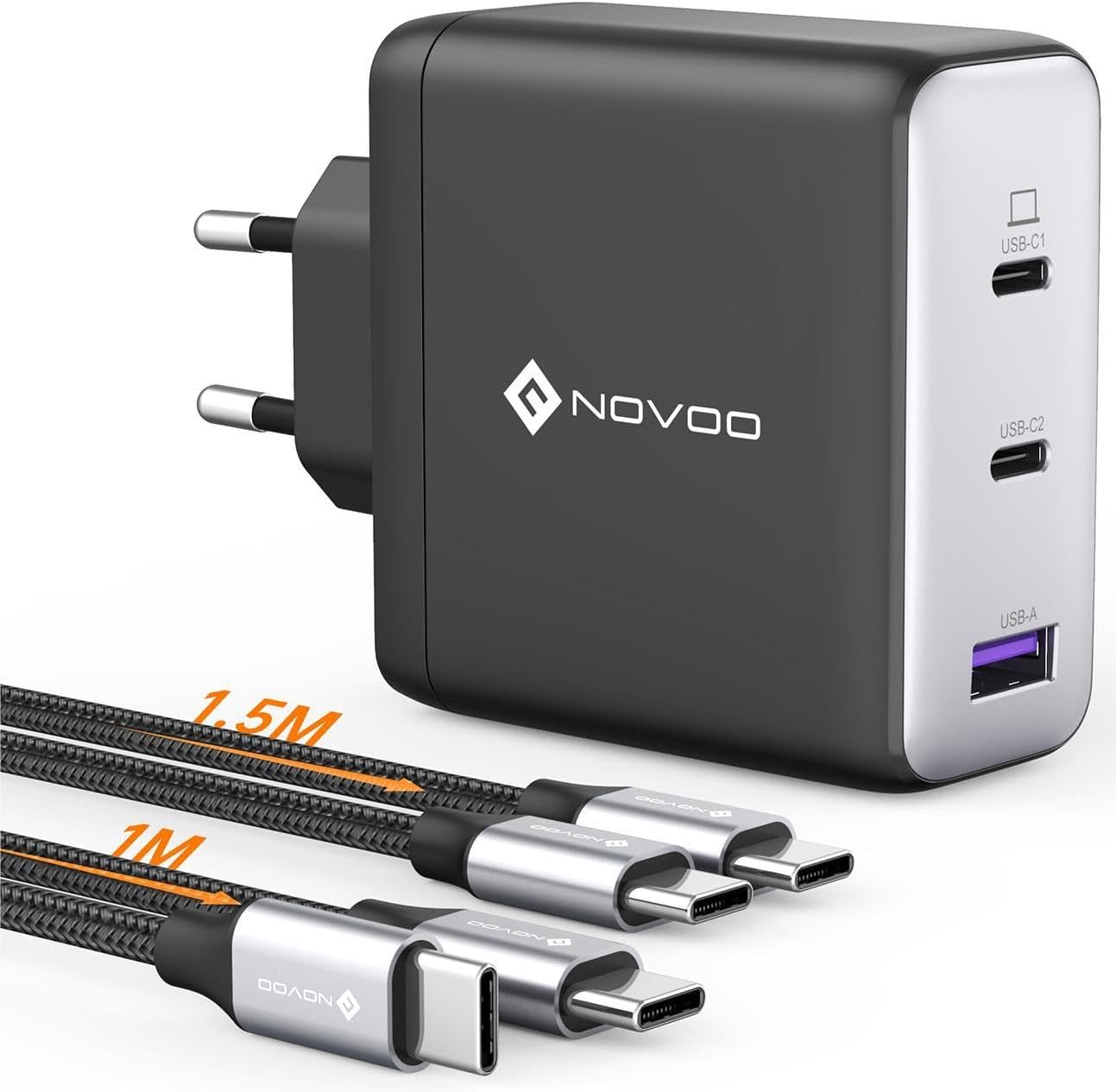 NOVOO 120W USB-C Ladegerät GaN Ⅲ inkl. Schnellladefunktion mit 2 PD 100W Typ-C Ladekabel