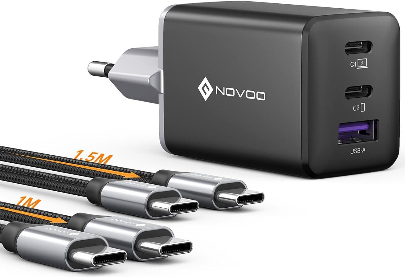 NOVOO 67W USB-C Ladegerät 3-Port GaN Ⅲ inkl. Schnellladefunktion mit 2x PD 100W Typ-C Ladekabel