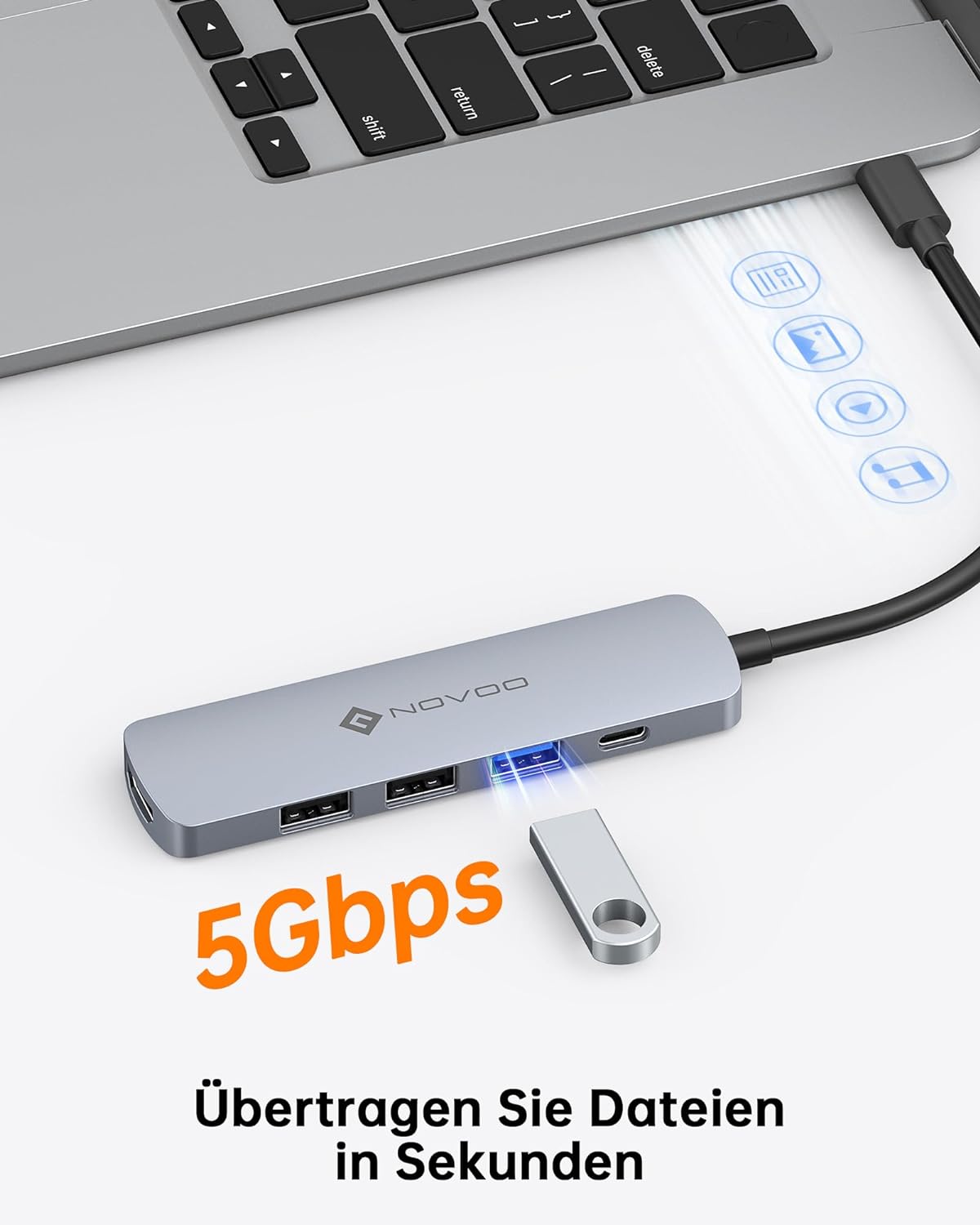 NOVOO USB-C Hub mit 4K HDMI, 100W PD, 3 USB-A Datenports 5Gbps