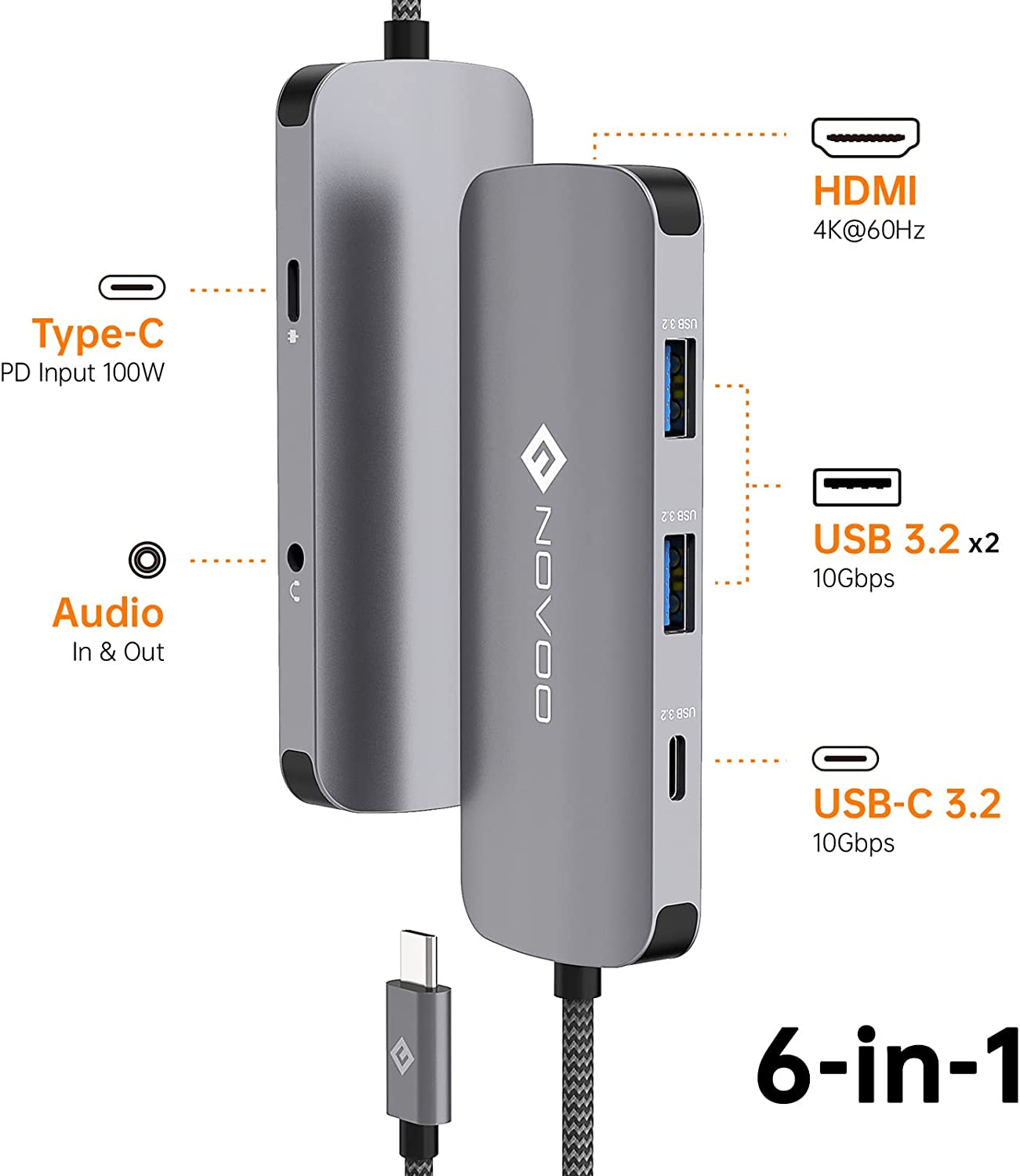NOVOO USB-C Aluminium Hub 6 Anschlüsse