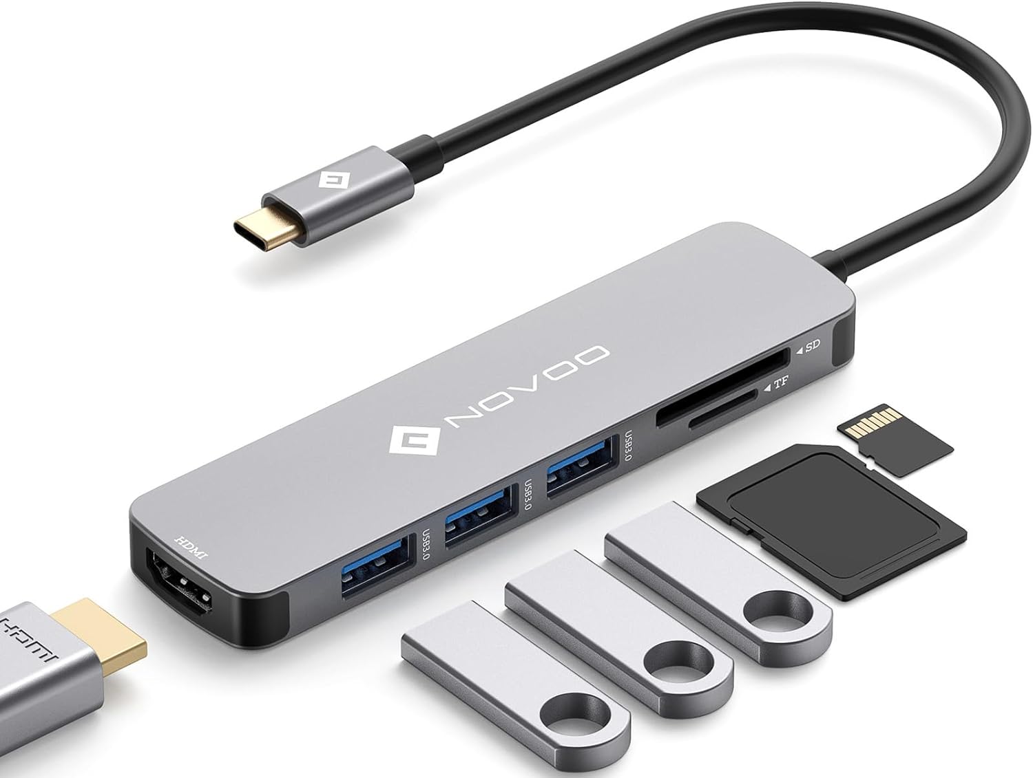 NOVOO USB-C Hub 4K HDMI, Adapter auf HDMI 4K, 3x USB 3.0, Kartenleser SD & Micro SD