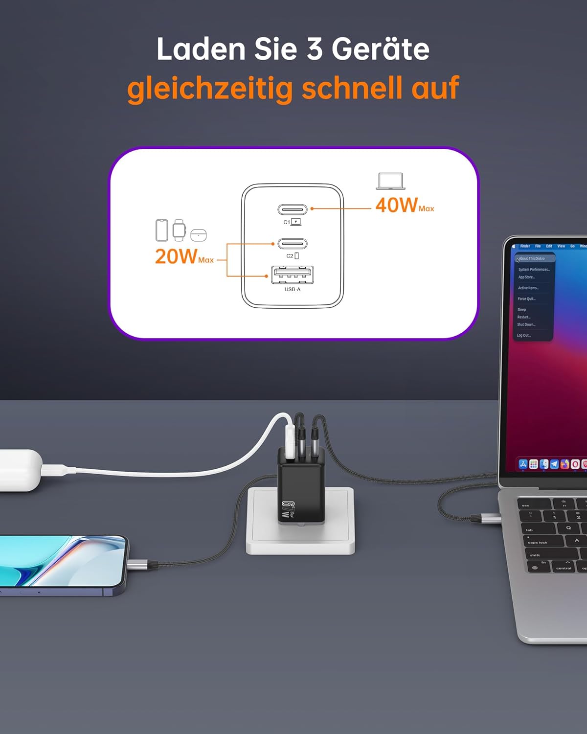 NOVOO 67W USB-C Ladegerät 3-Port GaN Ⅲ inkl. Schnellladefunktion mit 2x PD 100W Typ-C Ladekabel