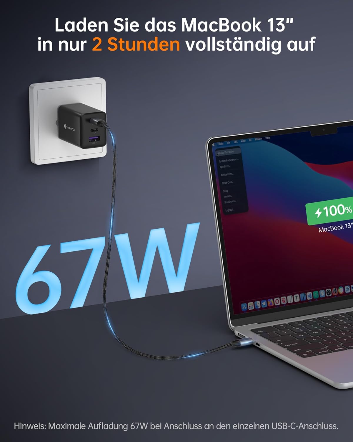 NOVOO 67W USB-C Ladegerät 3-Port GaN Ⅲ inkl. Schnellladefunktion mit 2x PD 100W Typ-C Ladekabel
