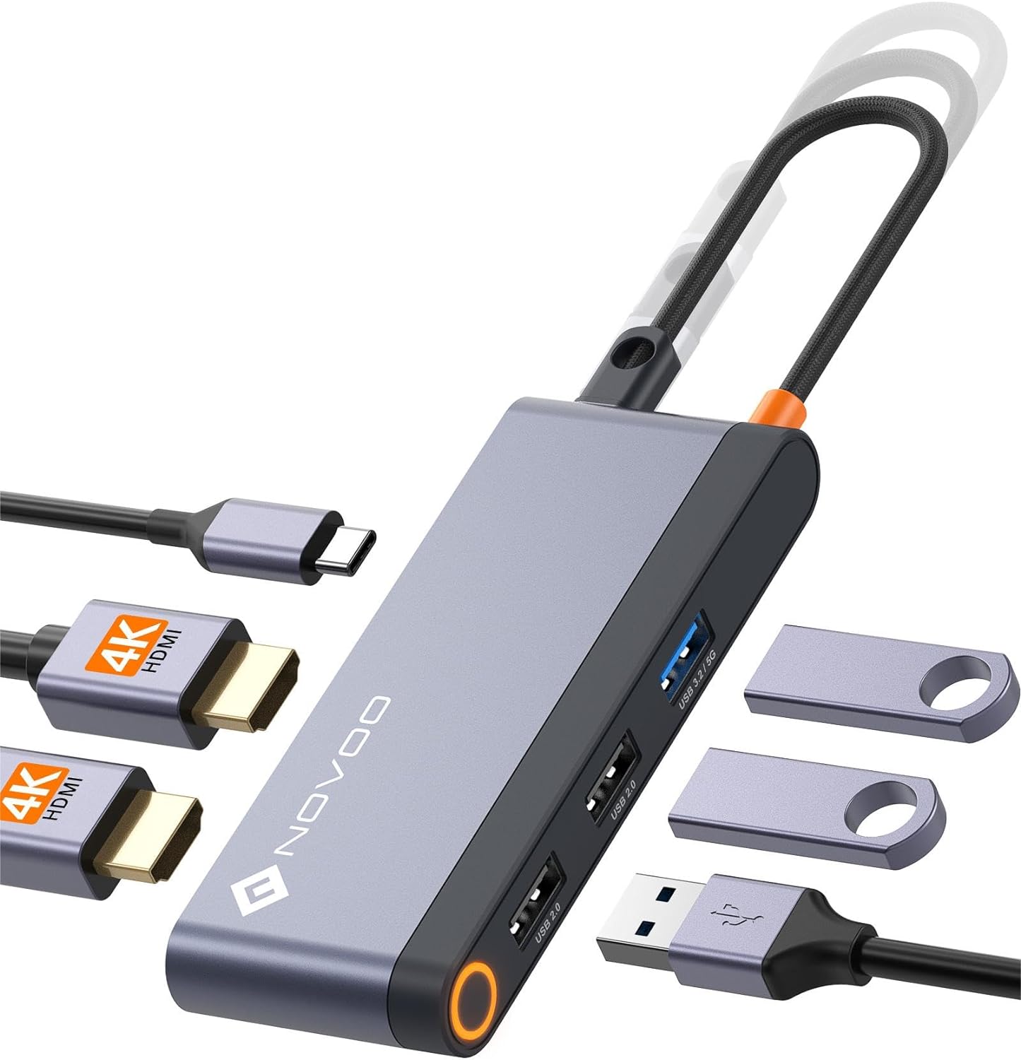 NOVOO USB-C Hub 4K@60Hz Dual HDMI, PD 100W Schnellladefunktion, 3x USB-A Anschlüsse