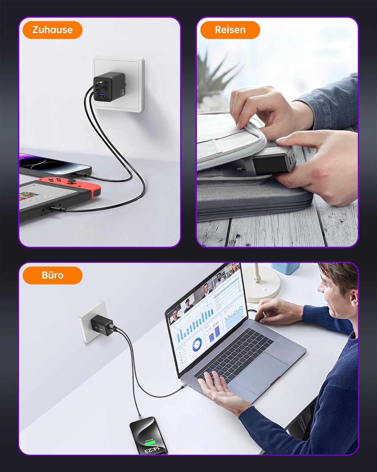 NOVOO 67W USB-C Ladegerät 3-Port GaN Ⅲ inkl. Schnellladefunktion mit 2x PD 100W Typ-C Ladekabel