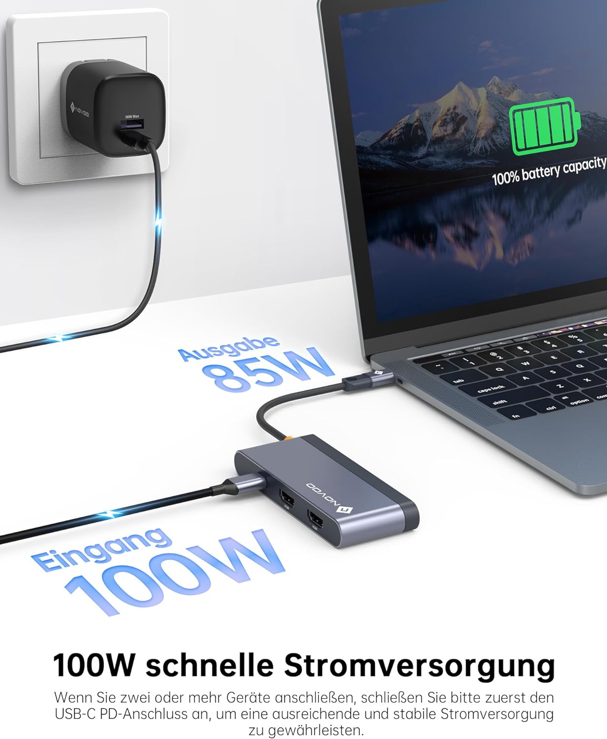 NOVOO USB-C Hub 4K@60Hz Dual HDMI, PD 100W Schnellladefunktion, 3x USB-A Anschlüsse