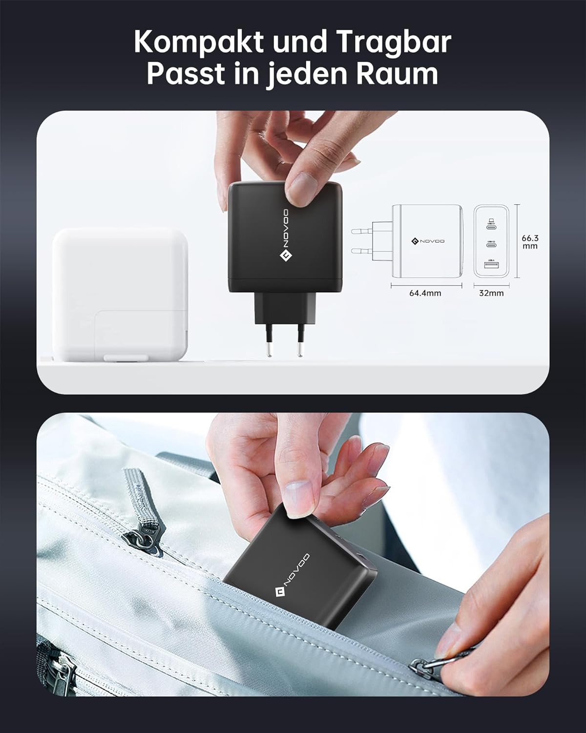 NOVOO 120W USB-C Ladegerät GaN Ⅲ inkl. Schnellladefunktion mit 2 PD 100W Typ-C Ladekabel