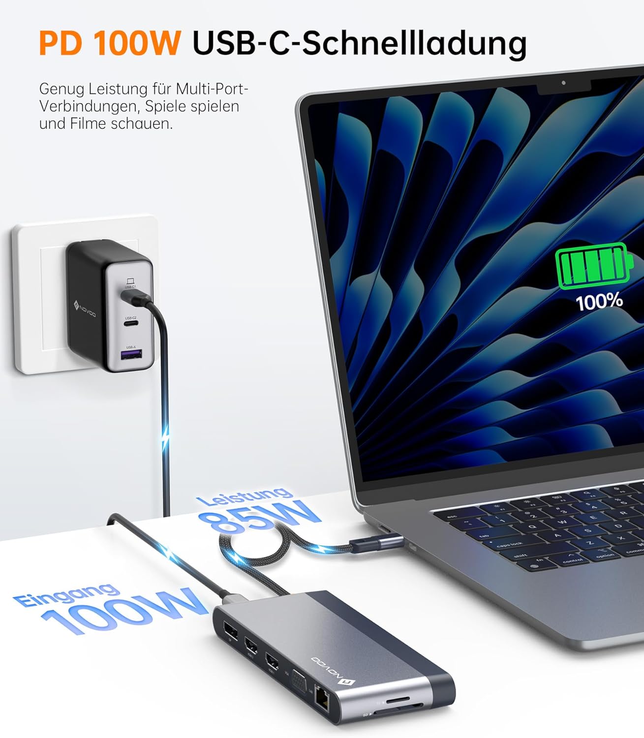 NOVOO USB-C Hub mit 14 Anschlüsse, 4K@120Hz DisplayPort, 2HDMI 4K@60Hz, VGA, 4x USB-A und 1USB-C Datenübertragung, PD 100W, Gigabit Ethernet, SD/TF, Audio/Mic ( 40cm Kabel)