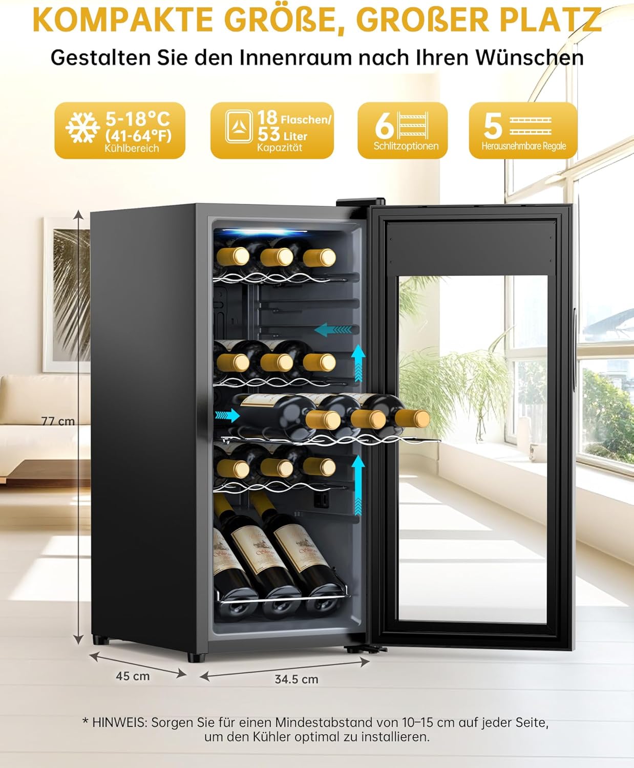 WIE Weinkühlschrank für 18 Flaschen mit Anti-UV Glastür 5-18°C