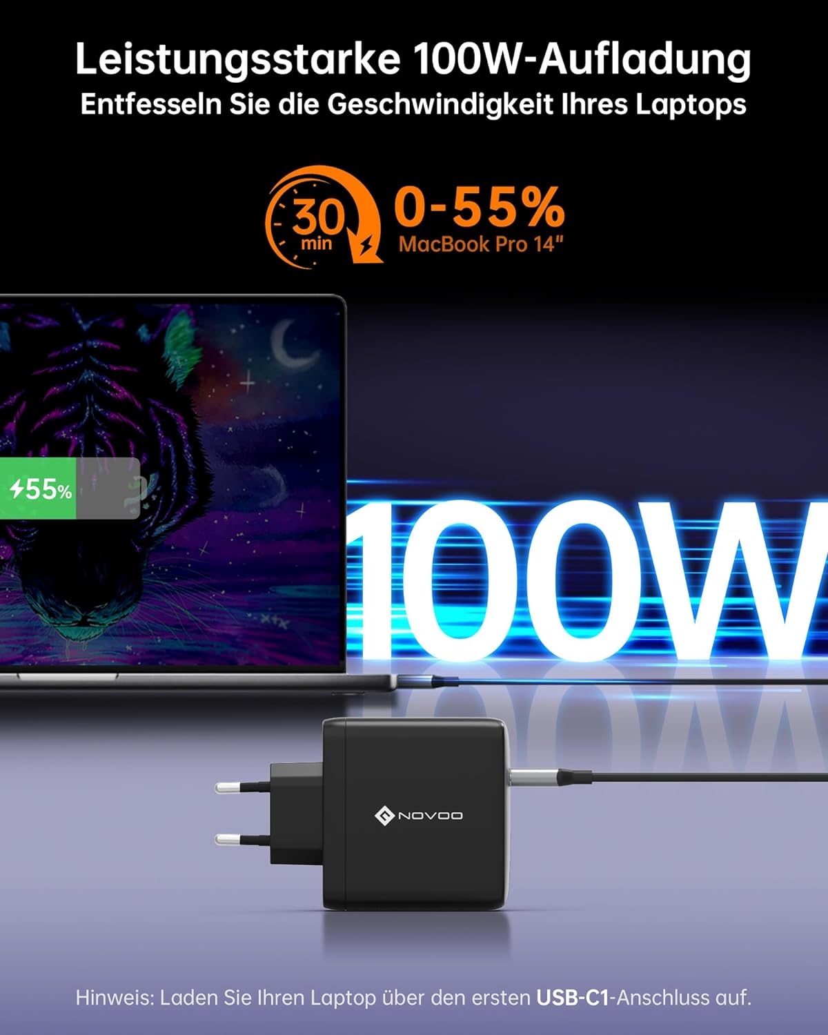 NOVOO 120W USB-C Ladegerät GaN Ⅲ inkl. Schnellladefunktion mit 2 PD 100W Typ-C Ladekabel
