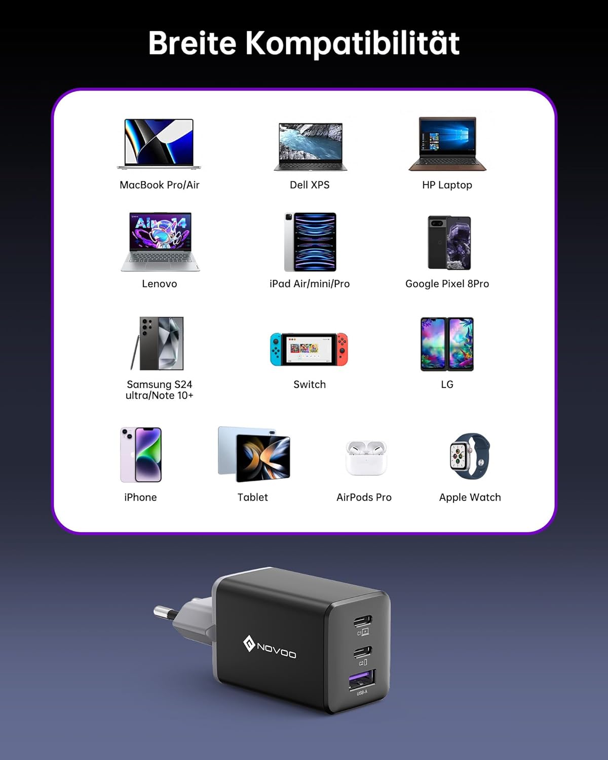 NOVOO 67W USB-C Ladegerät 3-Port GaN Ⅲ inkl. Schnellladefunktion mit 2x PD 100W Typ-C Ladekabel