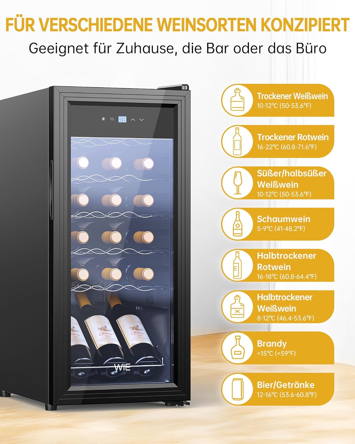WIE Weinkühlschrank für 18 Flaschen mit Anti-UV Glastür 5-18°C