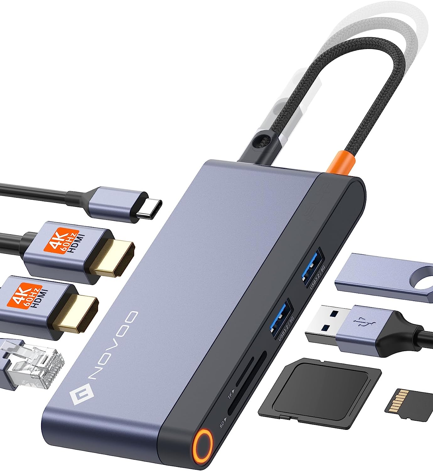 NOVOO USB-C Docking Station 4K@60Hz Dual HDMI 8-in-1 Adapter mit Dual HDMI, PD 100W, 1Gbps Ethernet, 2x USB 3.0, SD&TF