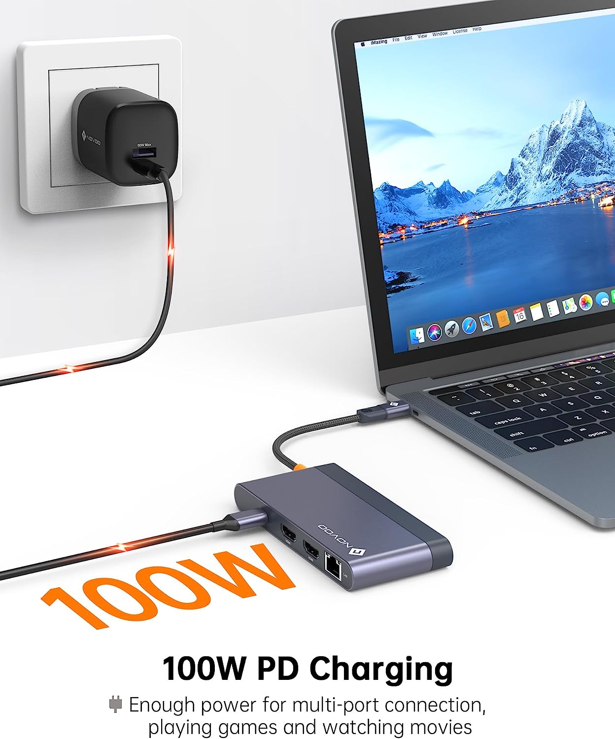 NOVOO USB-C Docking Station 4K@60Hz Dual HDMI 8-in-1 Adapter mit Dual HDMI, PD 100W, 1Gbps Ethernet, 2x USB 3.0, SD&TF