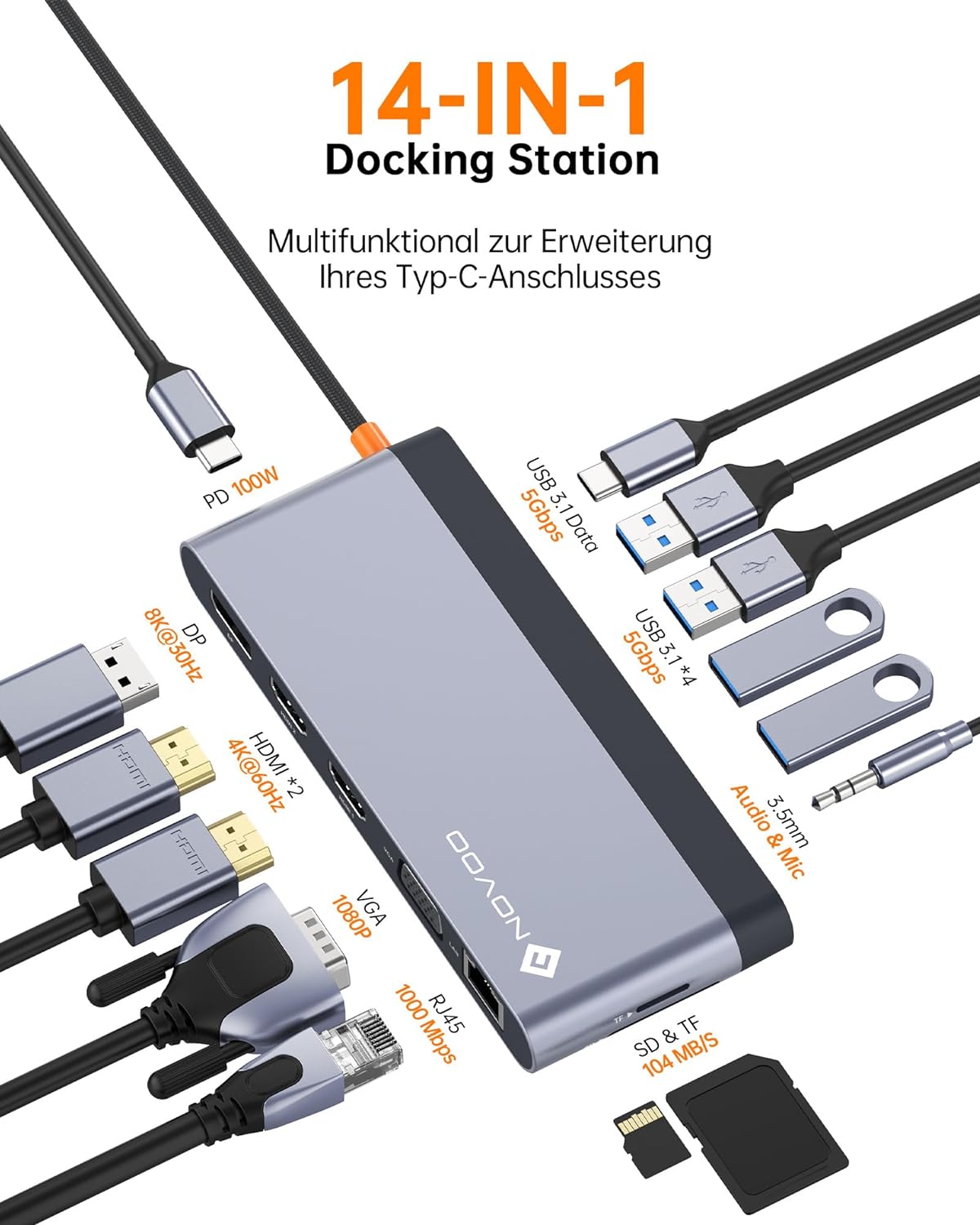 NOVOO USB-C Hub mit 14 Anschlüsse, 4K@120Hz DisplayPort, 2HDMI 4K@60Hz, VGA, 4x USB-A und 1USB-C Datenübertragung, PD 100W, Gigabit Ethernet, SD/TF, Audio/Mic ( 40cm Kabel)