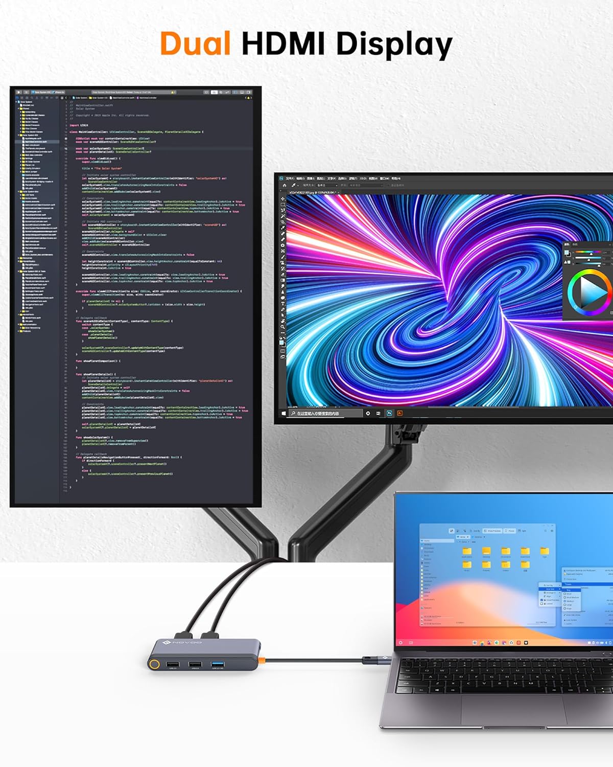 NOVOO USB-C Hub 4K@60Hz Dual HDMI, PD 100W Schnellladefunktion, 3x USB-A Anschlüsse