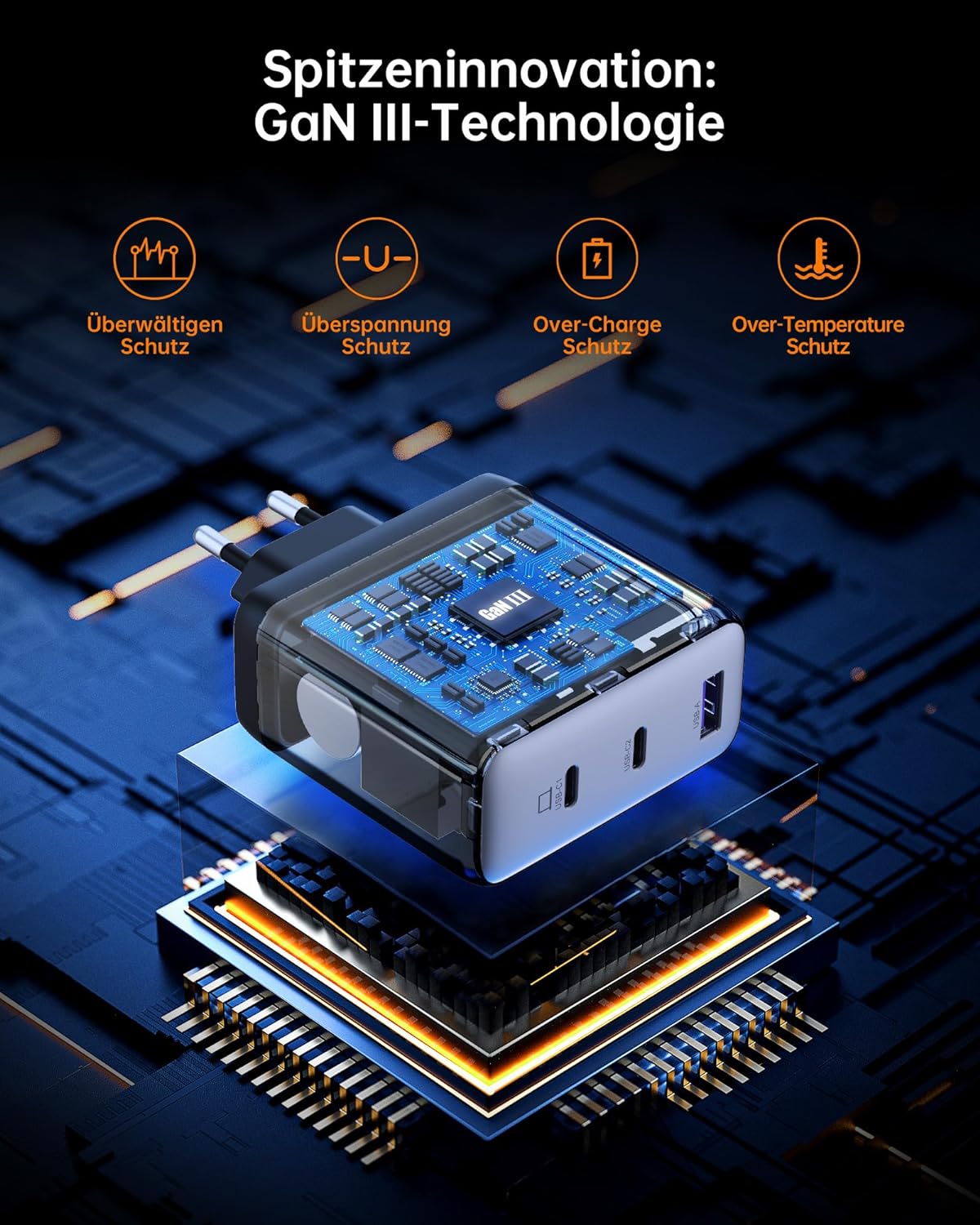 NOVOO 120W USB-C Ladegerät GaN Ⅲ inkl. Schnellladefunktion mit 2 PD 100W Typ-C Ladekabel