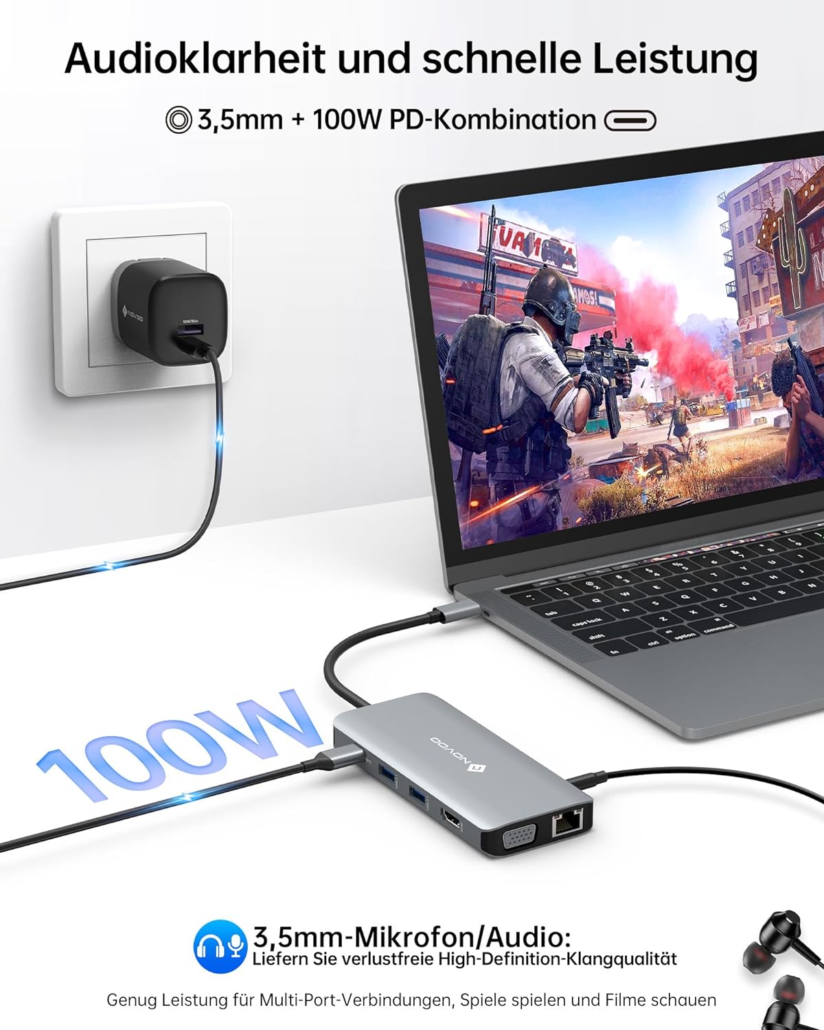 NOVOO USB-C Hub 11-in-1 Dual Monitore mit 4K@60 HDMI,VGA FHD,4USB-A,PD 100W,Gigabit Ethernet,SD/TF,Audio/Mic