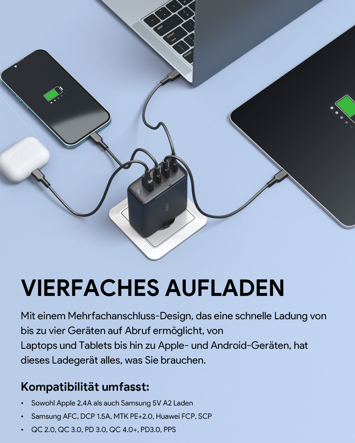 AUKEY PA-B7S Omnia II 100W 4-Port PD Ladegerät mit GaN Fast-Technologie für USB-C Laptops