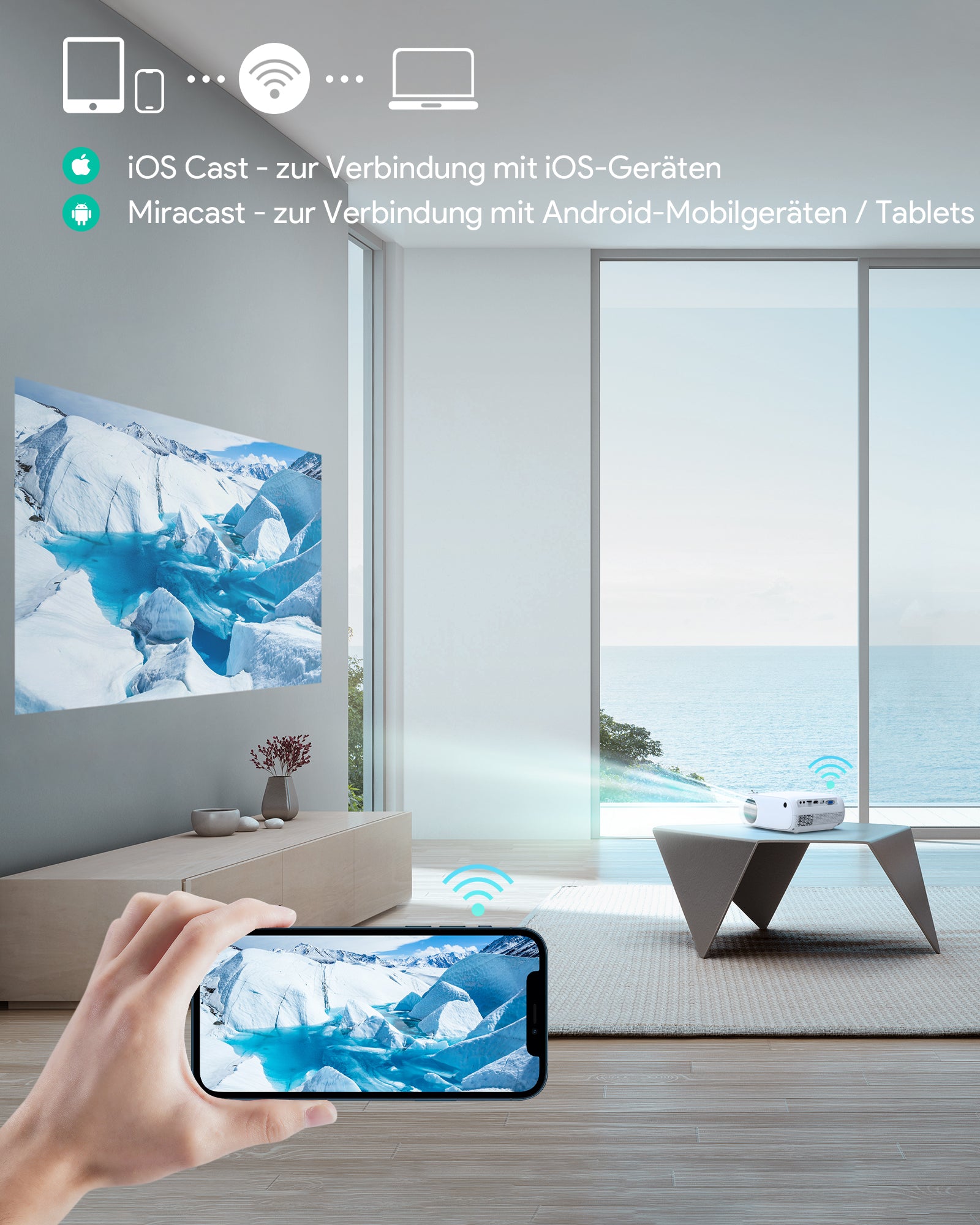 AUKEY RD-860 Full HD 1080P Wi-Fi LCD Beamer mit Unterstützung für die Synchronisierung des Smartphone-Bildschirms über HDMI VGA