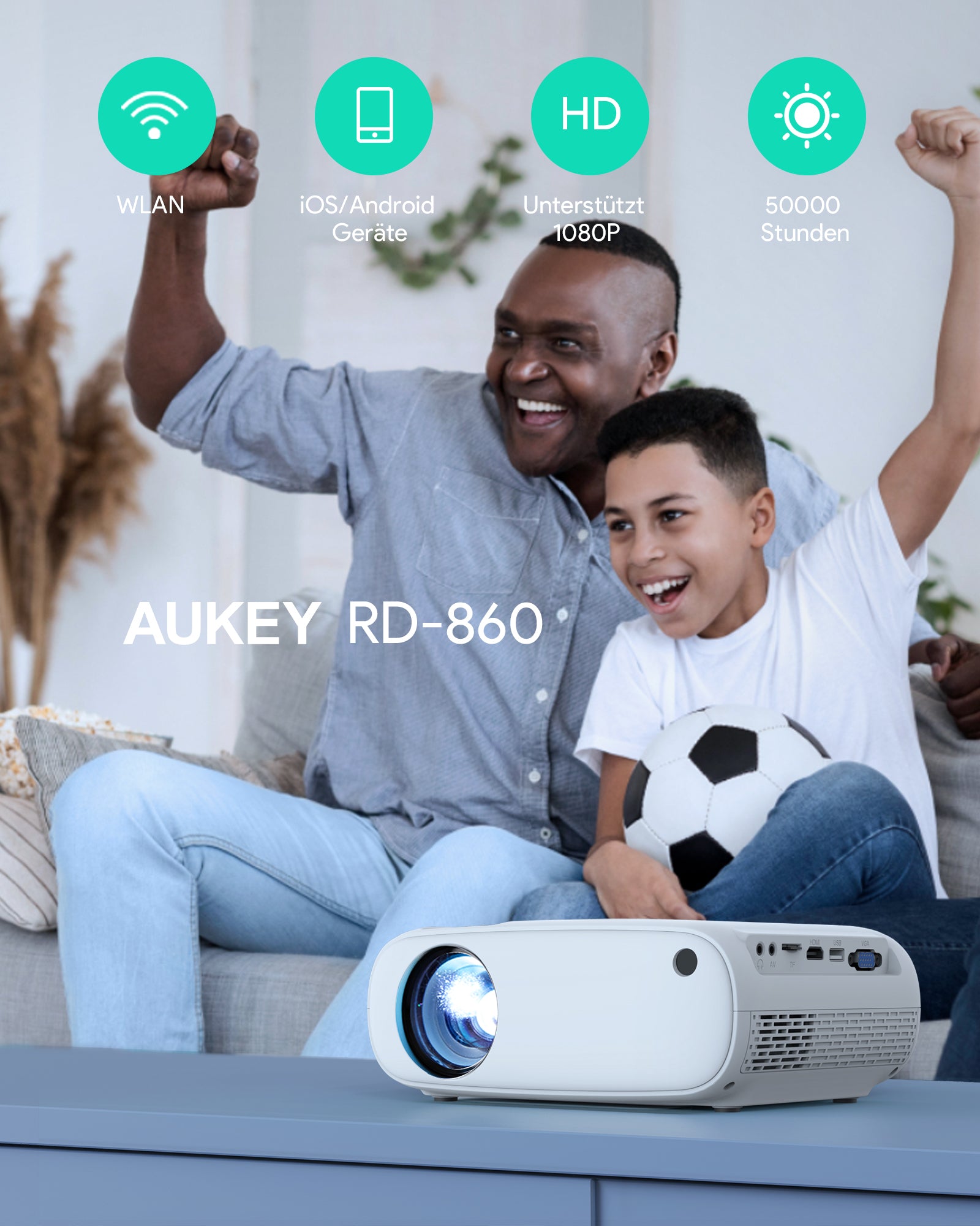 AUKEY RD-860 Full HD 1080P Wi-Fi LCD Beamer mit Unterstützung für die Synchronisierung des Smartphone-Bildschirms über HDMI VGA