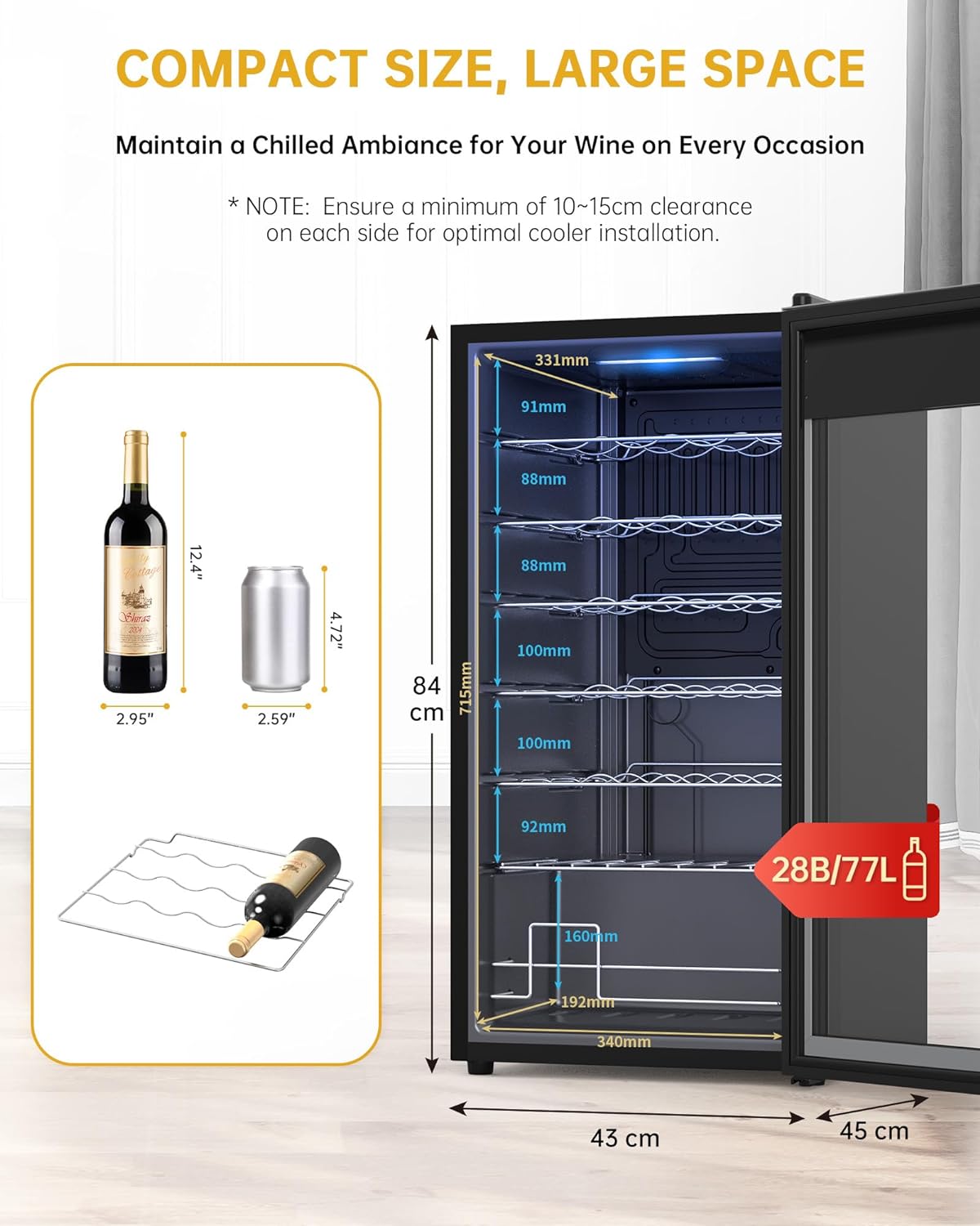 WIE Weinkühlschrank für 28 Flaschen mit Anti-UV Glastür, 5-18°C