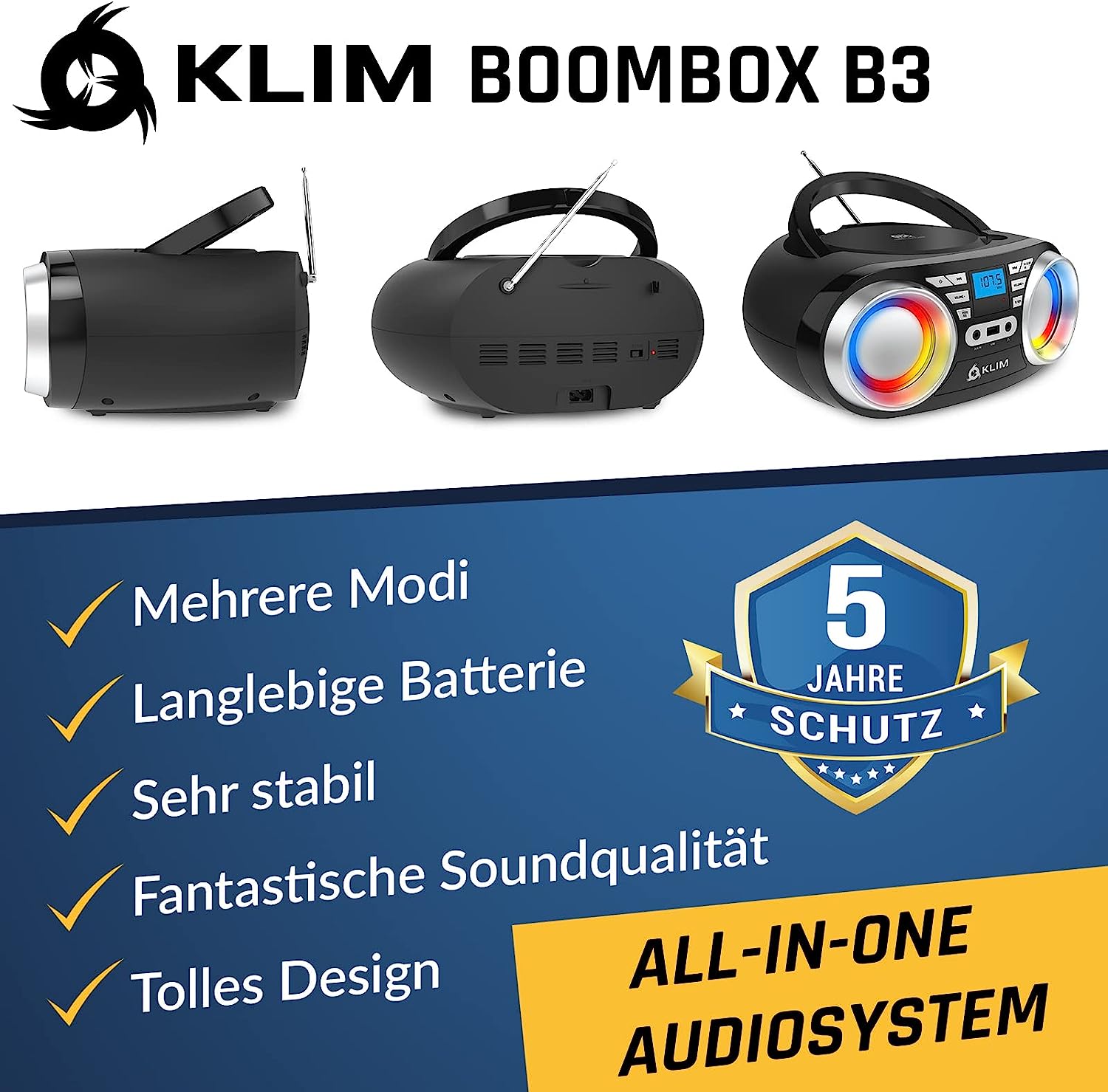 KLIM CD Boombox B3 Portable Audio System, FM, CD, MP3, Bluetooth, AUX, USB,  BLUE