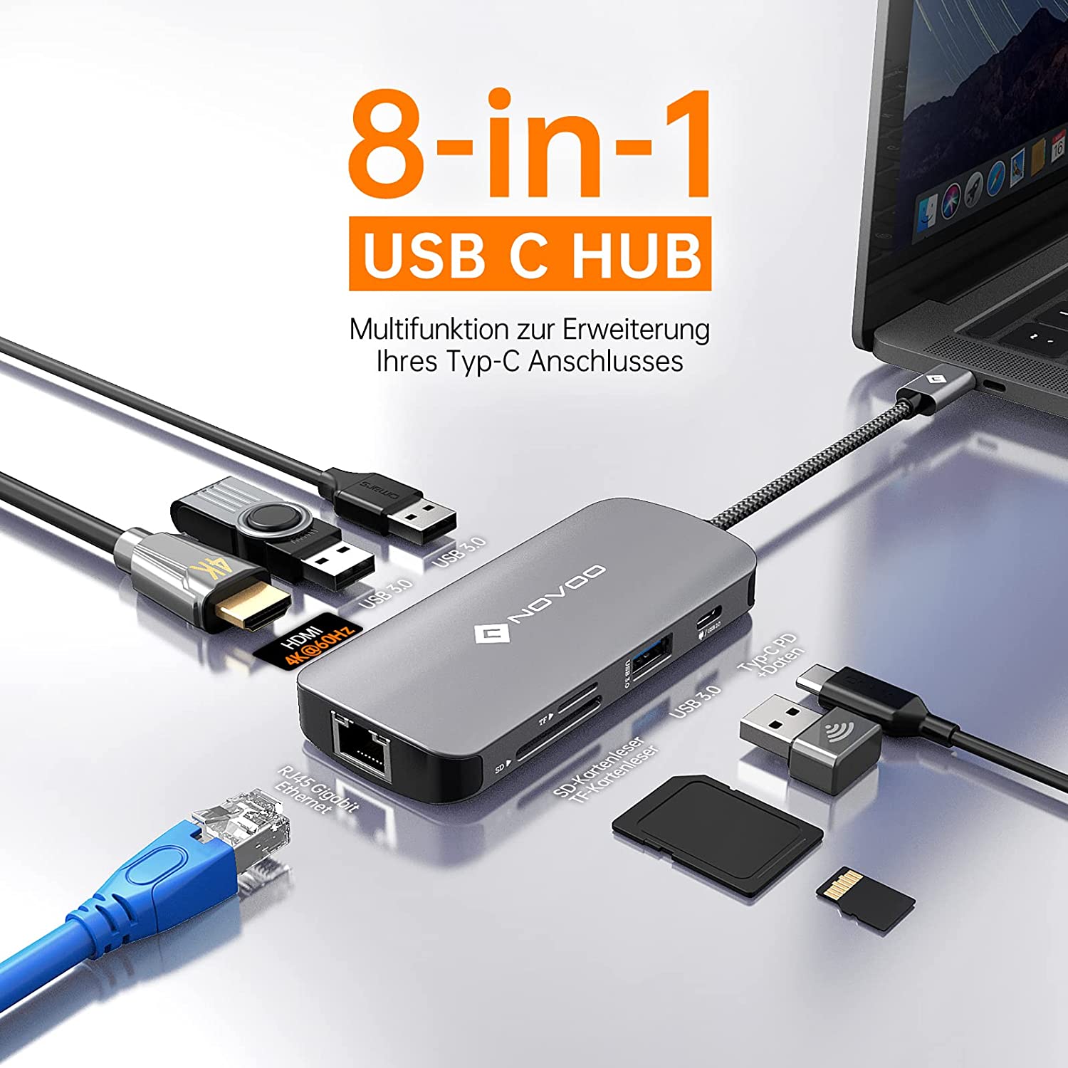Novoo USB-C Aluminium Hub 8 Anschlüsse