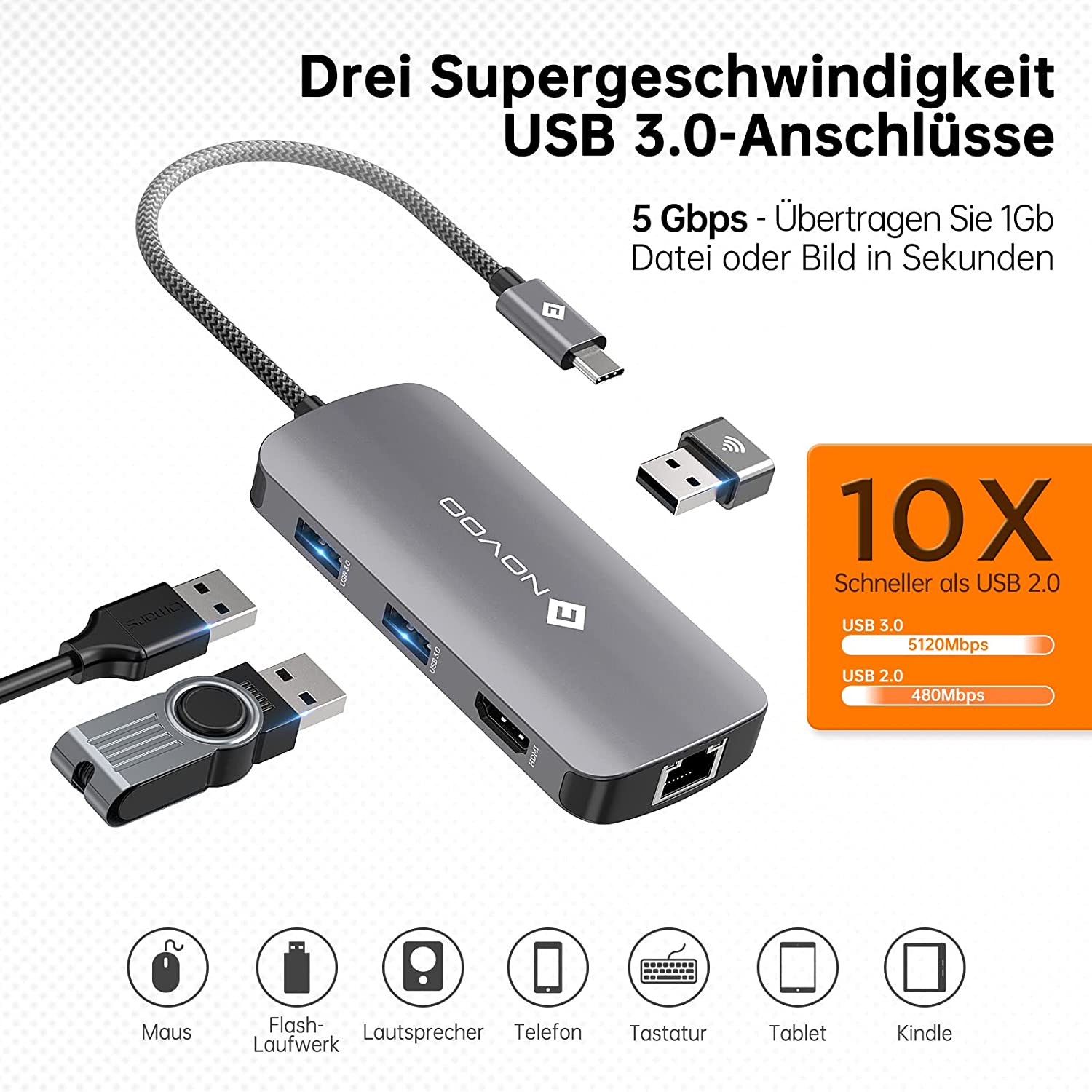 NOVOO USB-C Aluminium Hub 8 Anschlüsse