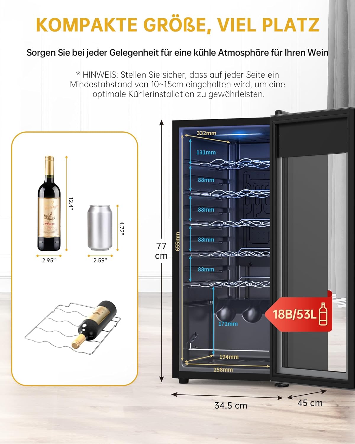 WIE Weinkühlschrank für 18 Flaschen mit Anti-UV Glastür 5-18°C