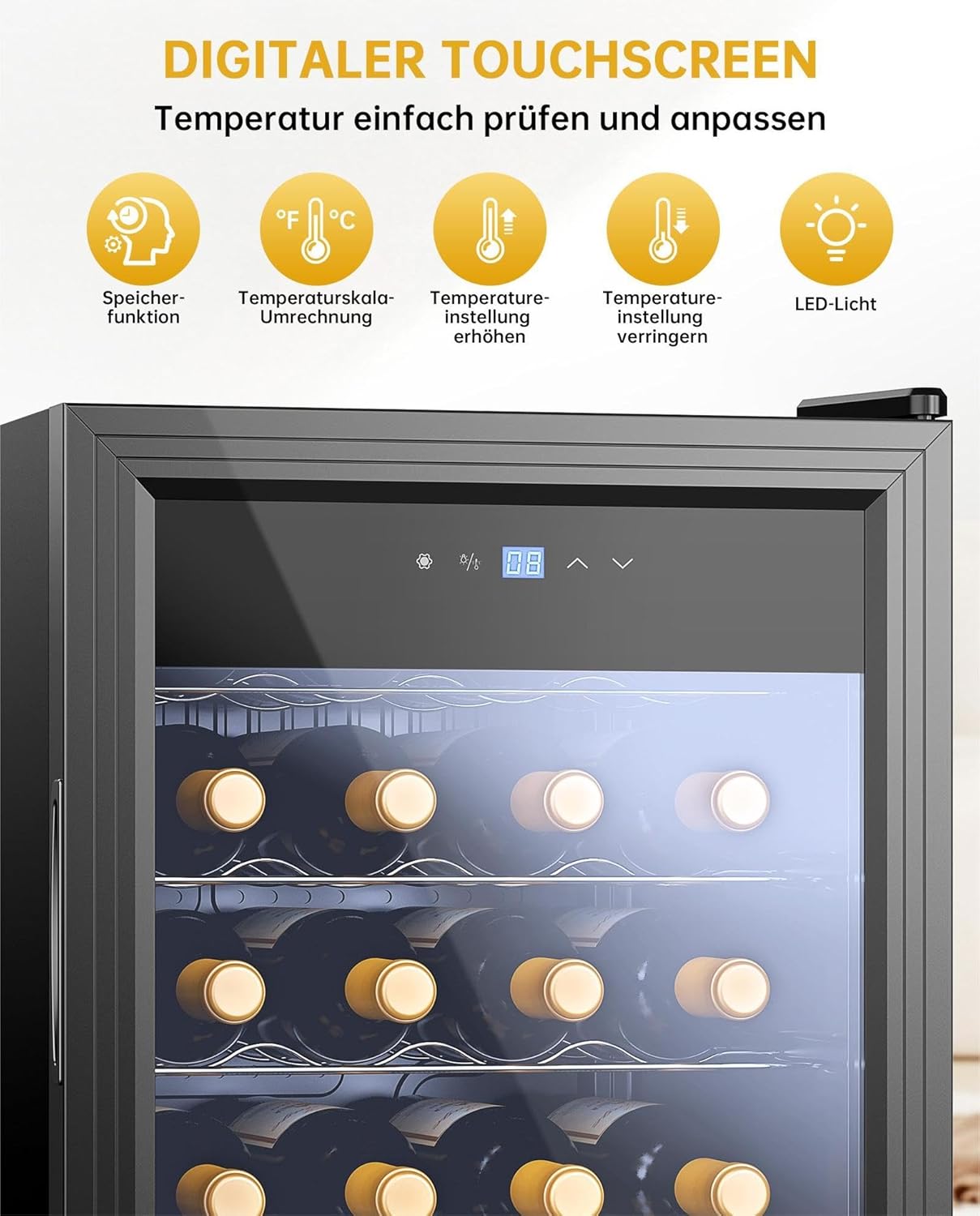 WIE Weinkühlschrank für 28 Flaschen mit Anti-UV Glastür, 5-18°C