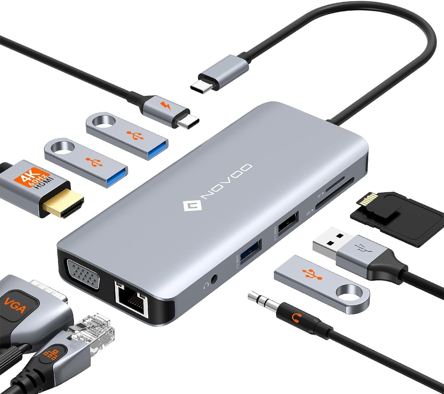 NOVOO USB-C Hub 11-in-1 Dual Monitore mit 4K@60 HDMI,VGA FHD,4USB-A,PD 100W,Gigabit Ethernet,SD/TF,Audio/Mic