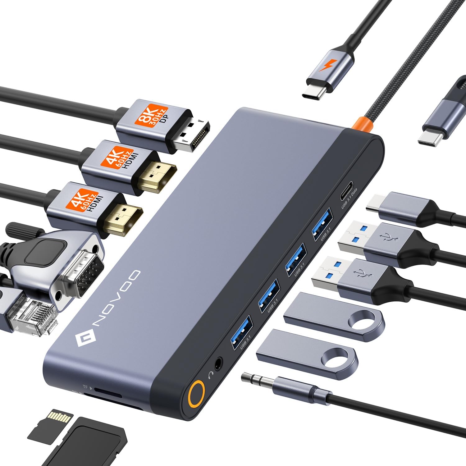 NOVOO USB-C Hub mit 14 Anschlüsse, 4K@120Hz DisplayPort, 2HDMI 4K@60Hz, VGA, 4x USB-A und 1USB-C Datenübertragung, PD 100W, Gigabit Ethernet, SD/TF, Audio/Mic ( 40cm Kabel)