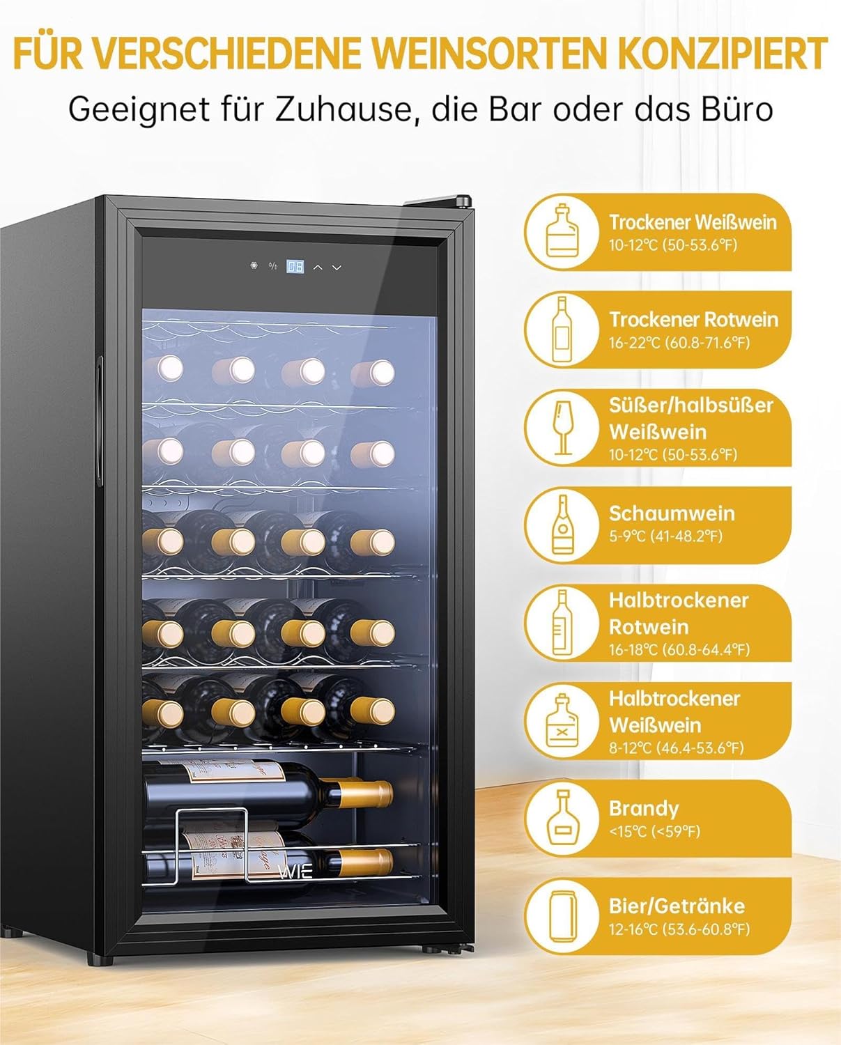 WIE Weinkühlschrank für 28 Flaschen mit Anti-UV Glastür, 5-18°C