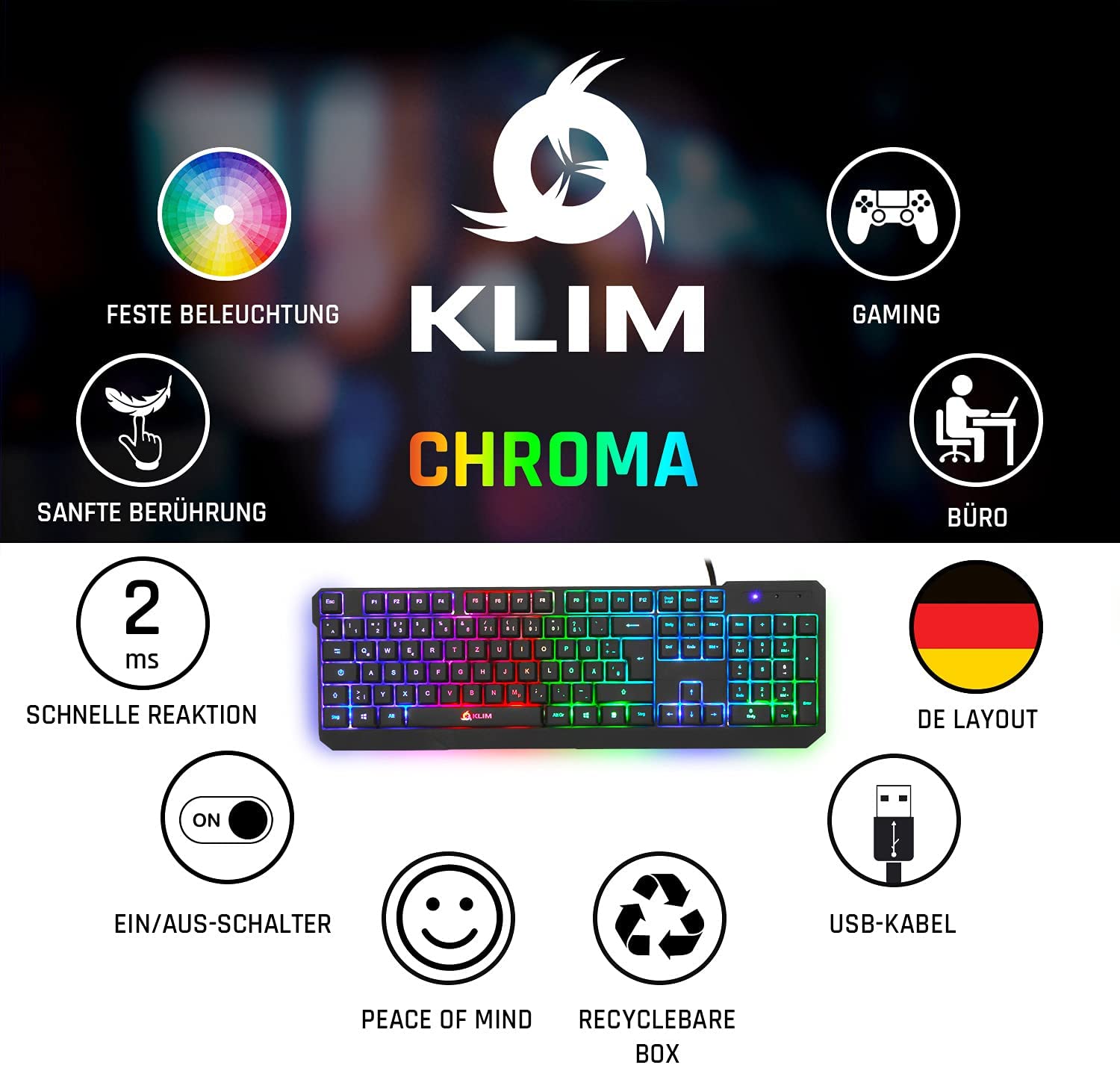 KLIM Chroma DE Gaming Tastatur kabelgebunden